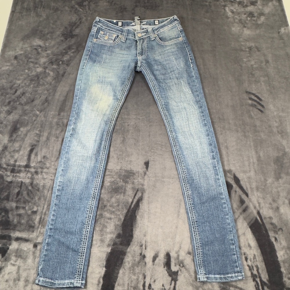 Rampage Skinny Jeans Womens 3 Blue Low Rise Contrast Stitch Distressed Denim